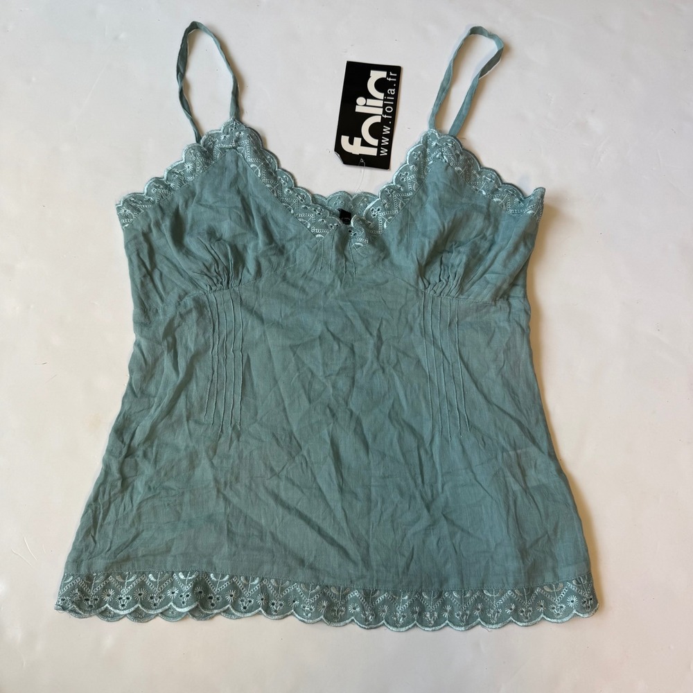 Folia Italian Deadstock Aquamarine Teal Lace Cami Cotton Y2K Top Size M
